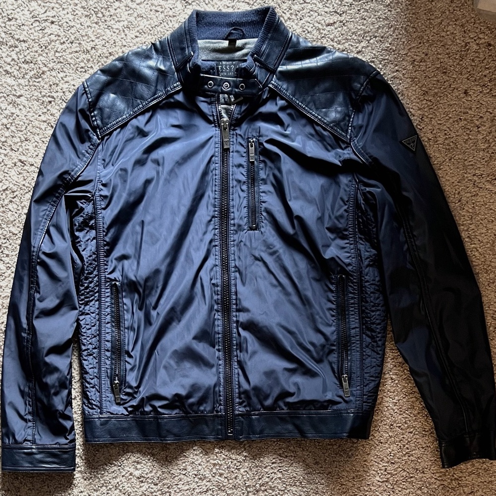 Guess Faux Leather Lightweight Bomber Jacket- Mens XL in Navy